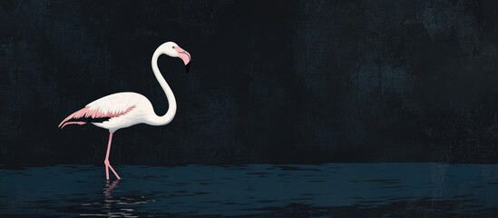 Wall Mural - A solitary lesser flamingo wades in shallow waters showcasing its pink plumage against a dark shoreline and deep blue waters