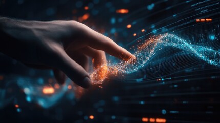 Wall Mural - a hand reaches out to touch a glowing digital wave, symbolizing interaction with technology and data