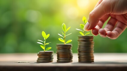 Wall Mural - Hand placing a coin atop a stack of coins, with small plants emerging from each stack, symbolizing growth through investment and sustainability. Ideal for finance and eco-friendly themes.