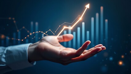 Poster - Hand holding a glowing upward arrow, symbolizing growth and success in business and finance. Ideal for corporate, motivational, and analytics themes.