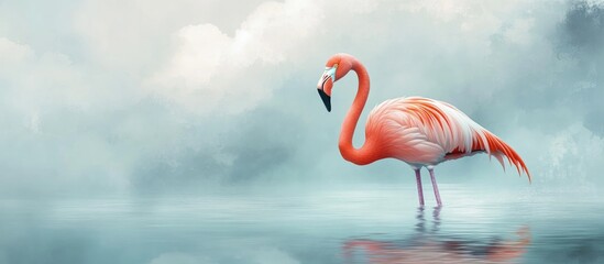 A pink flamingo wades through the water This exotic bird is seen in its natural habitat under a cloudy sky