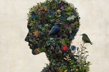 Wall Mural - Eco system mood reflection wellness morning fog and lush greenery floral and bird covered head silhouette resembling a vibrant and blossoming garden