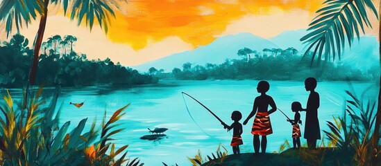 A family enjoying fishing at a scenic lagoon