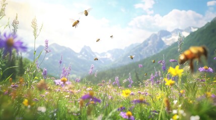 Wall Mural - A field of wildflowers in a mountainous region, with bees flying around. The sun shines brightly in the sky.