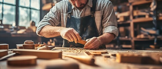 Wall Mural - Mastery of Artisan Craftsmanship Visualizing the Peak of Skill and Expertise in Crafting Goods  Depiction of a Dedicated Woodworker or Furniture Maker at Work in Their Workshop