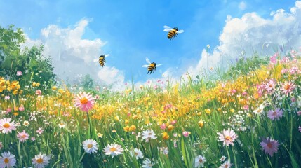 Three bees fly over a field of wildflowers in a vibrant summer scene.