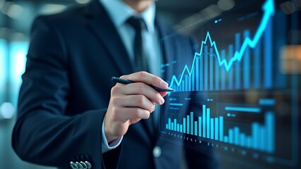 Wall Mural - business growth concept with hand touching rising digital graph on futuristic interface.