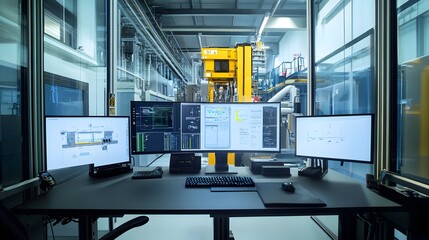 Wall Mural - a virtual twin simulation on multiple computer screens and monitors in a high-tech industrial labora