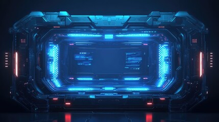 Wall Mural - futuristic sci-fi doorway with glowing blue and red lights.
