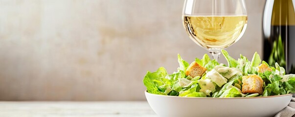 White wine and Caesar salad, light lunch pairing, 3D illustration