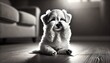 © monkik. - A black-and-white image of an adorable puppy sitting on a wooden floor indoors