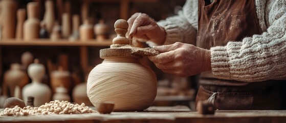 Wall Mural - Authenticity and Craftsmanship Showcased in the Creation of a Handmade Wooden Bowl on a Rustic Workbench Highlighting the Genuine Artisanal Nature of Handcrafted Products