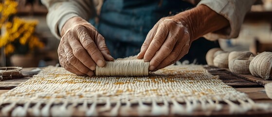 Wall Mural - Meticulous Craftsmanship Artisan s Hands Weaving Intricate Patterns with Utmost Care and Attention to Detail in the Workshop  Visualizing the Painstaking Process of Traditional Artisanal Work