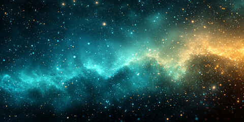 a vibrant nebula shines in the cosmos, with swirling colors of teal and gold.