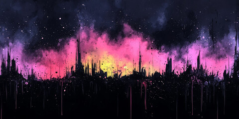 Silhouette of a city skyline with a vibrant pink and purple watercolor sky.