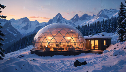 Poster - Igloo moderne en montagne enneigée au crépuscule