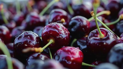 Wall Mural - Close-up of Fresh Cherries with Dew Drops