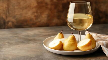 White wine with honey-roasted pears, dessert plate, soft lighting, 3D illustration