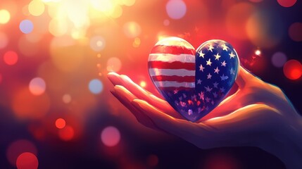 Wall Mural - Patriotism in the Palm of Your Hand - Illustration of a USA Flag Heart Held Tenderly Surrounded by Red, White, and Blue Tones