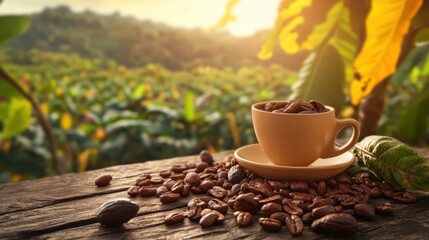 Coffee cup and coffee beans on wooden table with coffee plantation background
