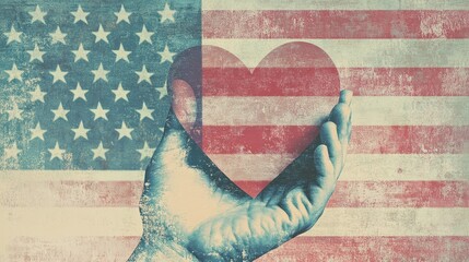 Wall Mural - Patriotism and Love - Heart-Shaped American Flag in Hand with USA Flag Background Poster Design