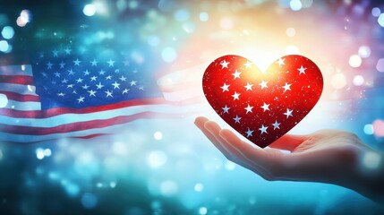 Wall Mural - Patriotism and Love: Hand Holding Heart with American Flag Design on Patriotic Background