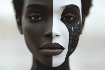 Sticker - Synaptic transmission nanotechnology bioaugmentation cognitive computing and synthetic consciousness womans face split into black and white representing duality and cybernetic identity