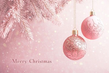 Beautiful pink Christmas ornaments hanging from a frosted tree with a soft glowing background during the festive season