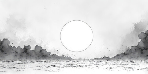 Poster - Abstract black and white landscape with a large circle in the middle.