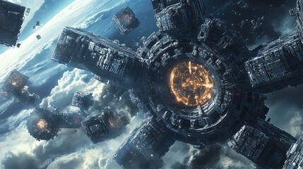 Wall Mural - Futuristic Space Station Orbiting Earth