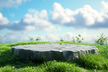 Stone podium on rock platform 3d illustration, grey rock pedestal for a product display stand, green forest and blurr grass field backdrop meadow mountain for product stand display, advertising or etc