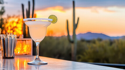 Margarita cocktail served in a clear glass on a bar with a picturesque sunset and cacti in the background