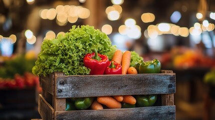 Fresh vegetables including lettuce, peppers, and carrots in a wooden crate