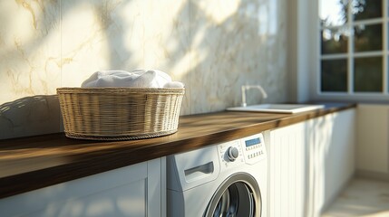 Canvas Print - Bright laundry room with washing machine, basket of laundry, and sunlit windows in a modern home setting