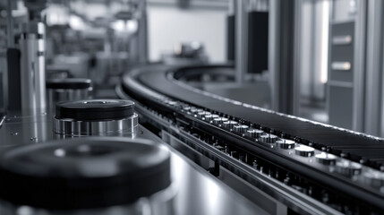 A conveyor belt with a series of black and silver objects on it