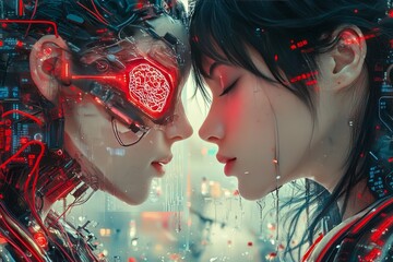 Canvas Print - Synthetic biology virtual perception cybernetic organism algorithmic optimization and predictive algorithms two cybernetic individuals face to face digital setting and connection through technology