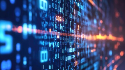 A futuristic digital background of binary code in blue and orange.