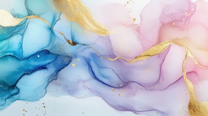  Watercolor and alcohol ink illustration with soft blue shades, rainbow pastels, and gold accents. Dreamy and luxurious.