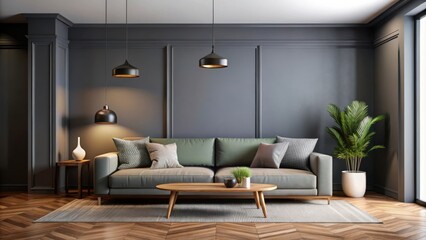 Wall Mural - Modern living room interior with a gray sofa against a dark empty wall mockup panorama