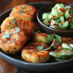 Closeup of Thaistyle fish cakes with a side of cucumber relish, Thai fish cakes, savory appetizer