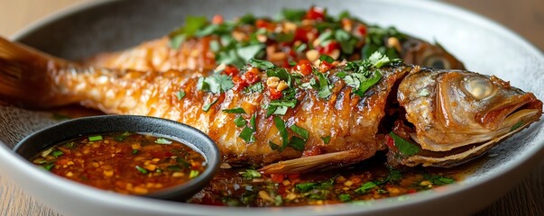 Closeup of Thaistyle fried fish with tamarind sauce, garnished with herbs, Thai fried fish, savory seafood dish