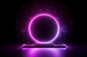 Neon product state purple, blue galaxy background