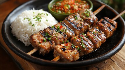 Isaanstyle spicy grilled pork skewers with sticky rice, Isaan grilled pork, street food favorite