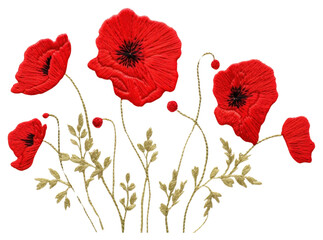 Wall Mural - PNG Poppy flower in embroidery style textile pattern nature.