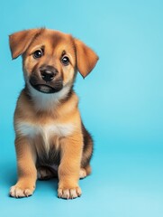 Wall Mural - A small brown puppy is sitting on a blue surface. The puppy has a sad expression on its face