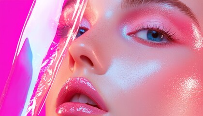 How does the smooth, glossy finish of the makeup in the image evoke the idea of futuristic beauty trends and innovation in cosmetics