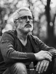 Wall Mural - A man with glasses and gray hair is sitting on a bench. He is looking off into the distance