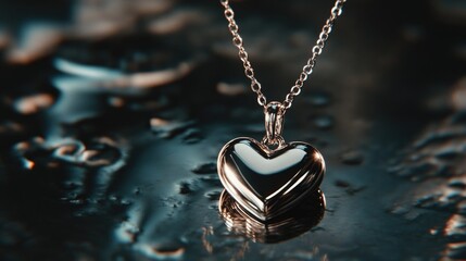 Wall Mural - A silver heart pendant is sitting on a wet surface. The pendant is shiny and reflective, and it is a symbol of love or affection. The wet surface adds a sense of depth and texture to the image