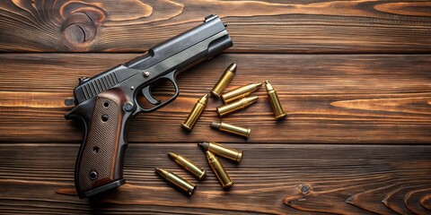 Gun and ammunition displayed on a dark wooden table from a top view