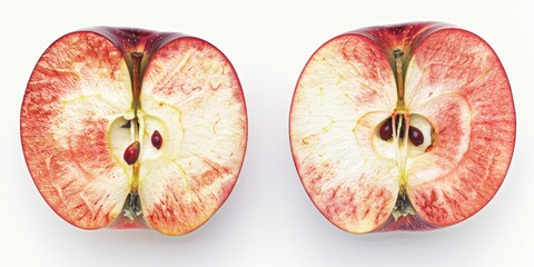 Wall Mural - Two apples are cut in half, revealing their seeds. The apples are red and have a slightly sour taste